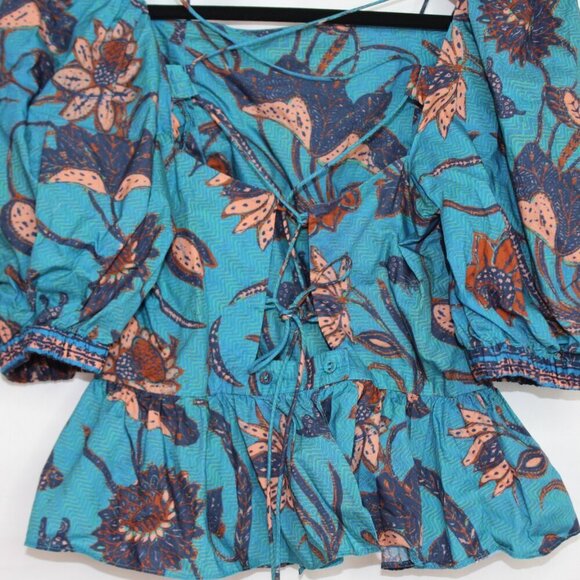 Ulla Johnson Puff-Sleeve Blue Floral Peplum Carlotta Blouse Size Small/4 - Picture 7 of 10